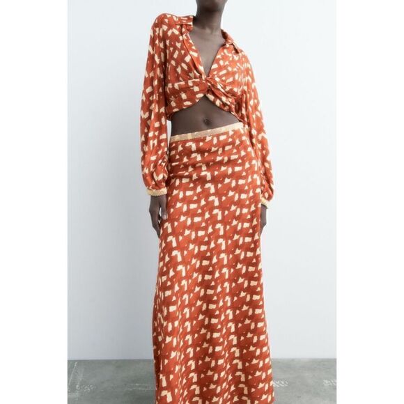 NWT Zara Printed Linen Blend Beaded Waistband High Waisted Maxi Skirt, Size XS - Picture 8 of 15